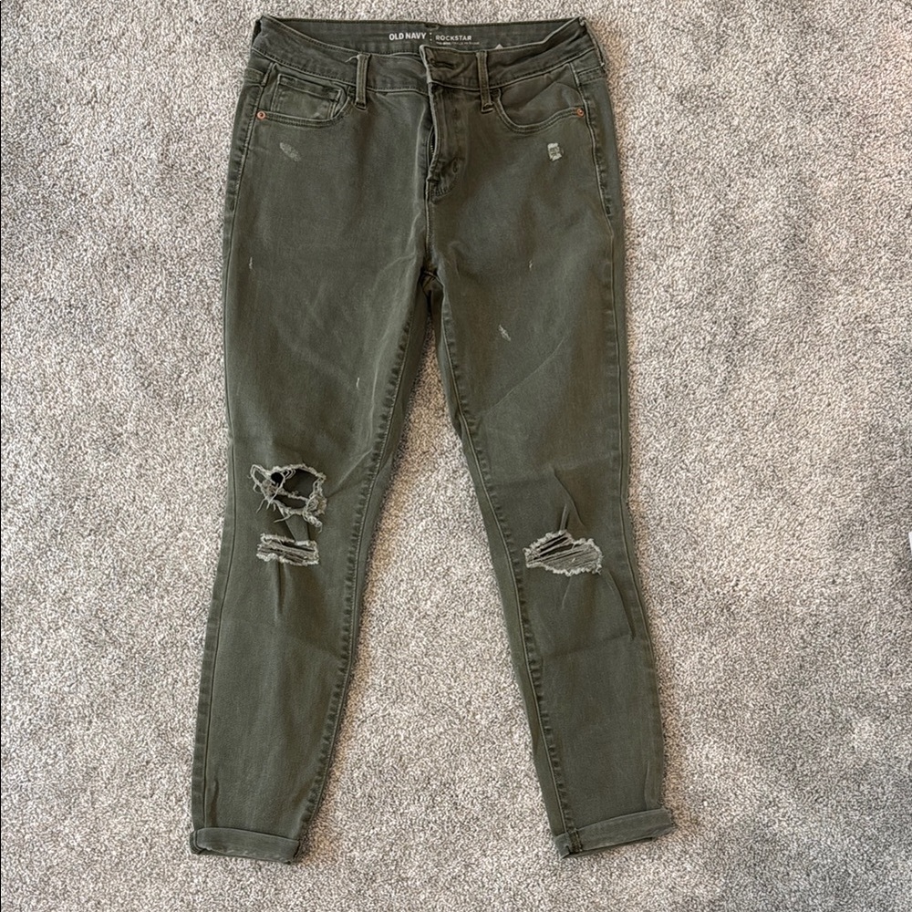 Old Navy Olive Green Skinny Jeans with Distressed Knees
